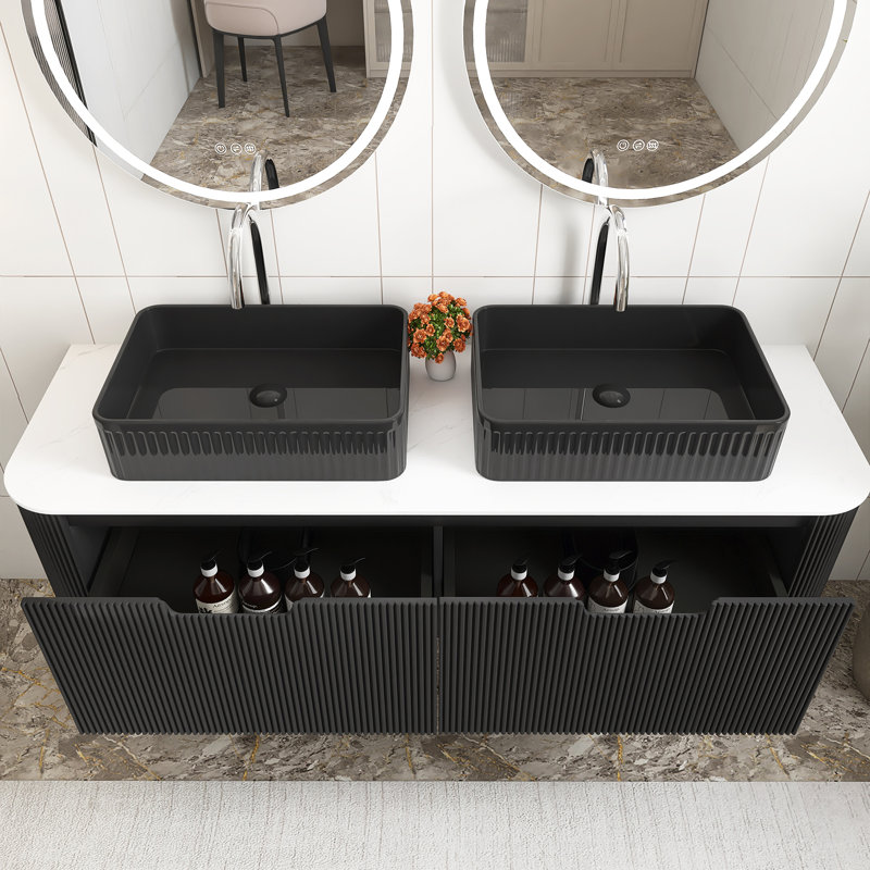 Meuble-lavabo mural de 60 po de couleur noire pré-assemblé avec 2 lavabos rectangulaires en céramique noire
