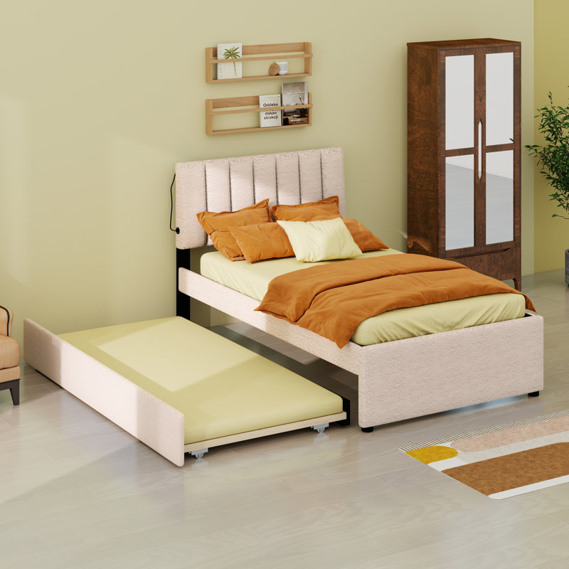 Lit en molleton contemporain avec lit gigogne escamotable , Beige
