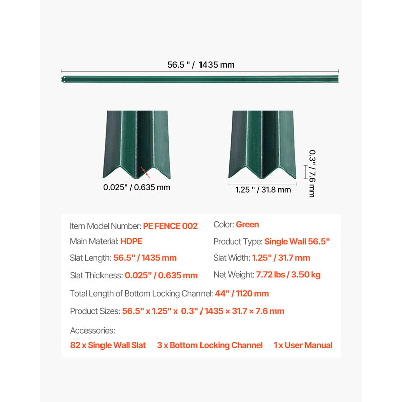 Clôture à chaînette à lattes à simple paroi pour verrou inférieur 5 ', H 56,5 po x l 1,25 po x P 0,03 po, Vert