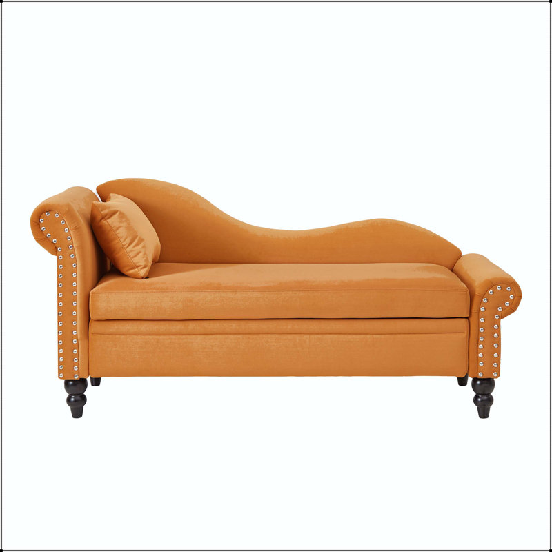 Chaise longue en velours 64,5 "avec rangement caché et garniture cloutée, Earthy Yellow