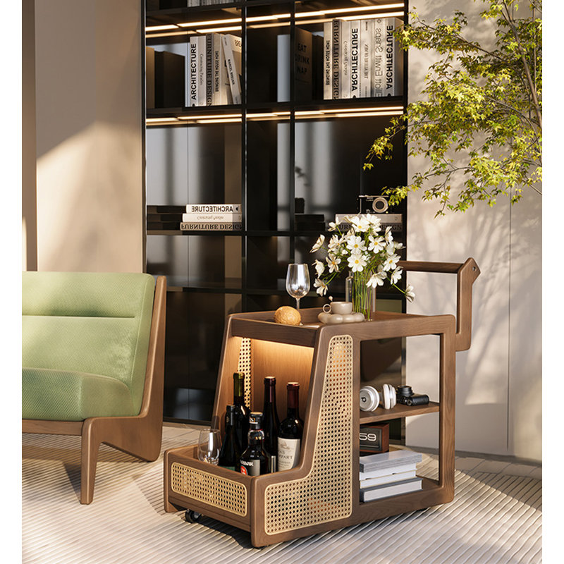 Chariot utilitaire mobile rétro en bois avec détails en rotin, Bois médium, Bois médium