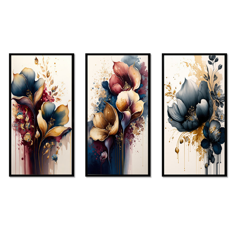 "Bouquet de lis bleu et bourgogne" - 3 pièces sur toile, Noir, H 40 po x l 60 po