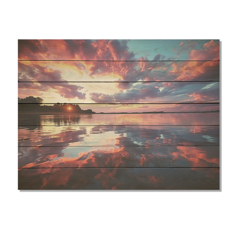 Horizon, coucher de soleil au bord du lac II - impression sur bois, H 10 po x l 20 po x P 0,78 po