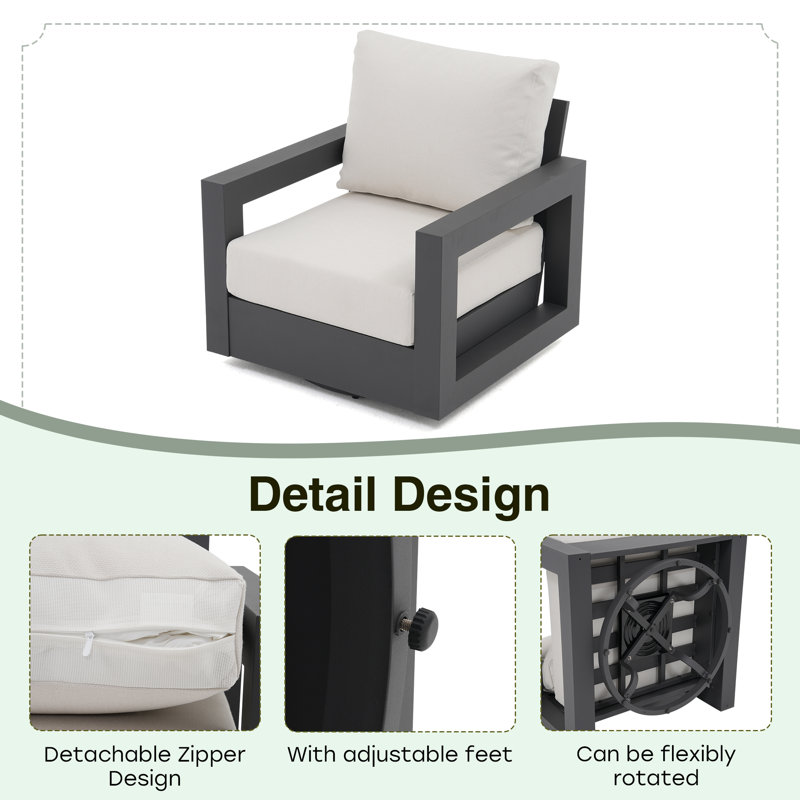 Outdoor Aluminum Swivel Chair, White Cushion/Gray Frame