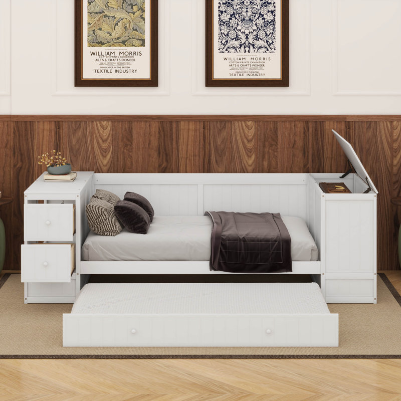 Twin Size Daybed With Trundle, Storage Arms And Charging Station, White