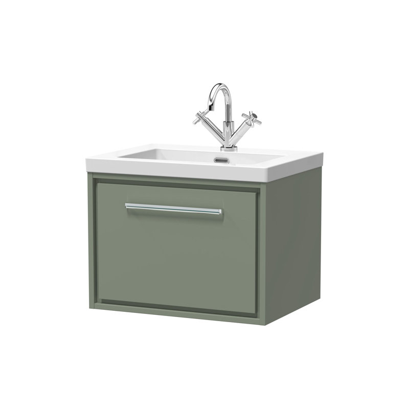 Hudson Reed Lille 600mm Fern Green 1 Drawer  Wall Hung Vanity Unit With 1 Tap Hole Fireclay Basin, Fern Green, 61.3cm W