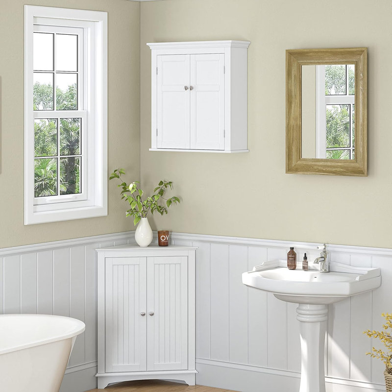 Armoire de salle de bain murale en bois massif Naylea, Blanc