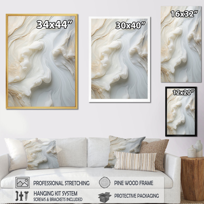 Abstrait blanc laiteux II - Art mural abstrait sur toile, H 44 po x l 34 po x P 1,5 po, Cadre doré simple