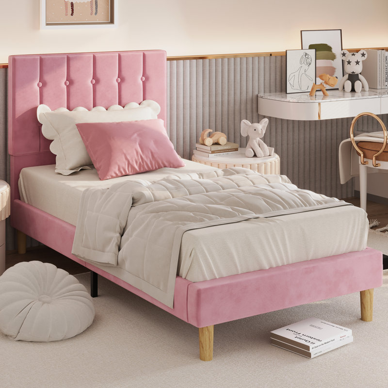 Gurit 43'' Modern Twin Bed Frames with Upholstered Velvet Headboard, Low Profile Design with Strong Wooden Slats, No Box Spring Needed and Noise-Free