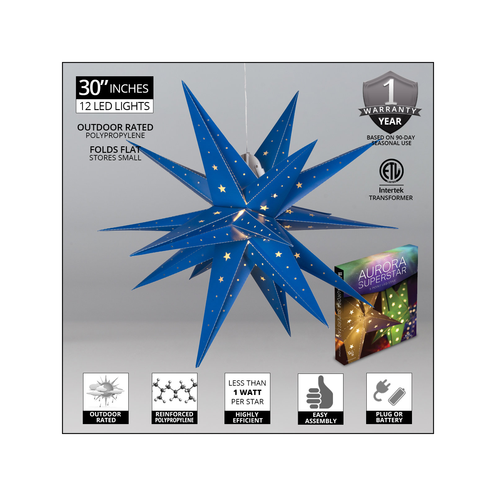 LED Lantern, Blue, 30" H x 30" W x 30" D