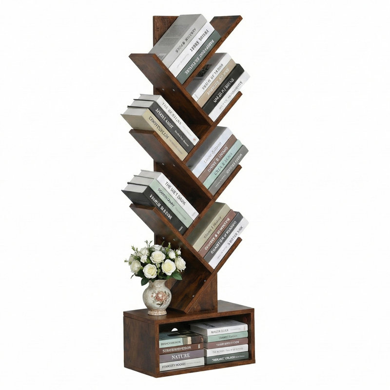 Bibliothèque sur pied Tree 7 tablettes Rustic Conor avec bibliothèque et armoire de rangement pour le bureau de la chambre à coucher, l 7,8 po x l 14,9 po x H 44,9 po 