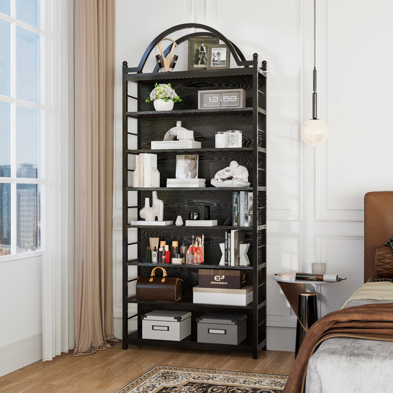 8-Tier Cd Storage Racks,Cds Dvds Game Video Media Organizer Cabinet With 7 Shelves,78.7" Arched-Top Industrial Tall Bookshelf Display Bookcase  Full Black