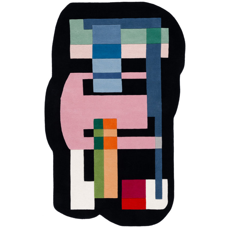 Tapis noir / blanc / rose en laine / coton touffeté à la main Sanan, Rectangle de 5 pi x 8 pi