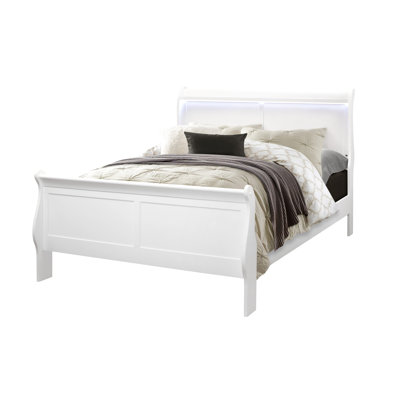Lit double blanc avec DEL, style moderne pour transformer la chambre à coucher, finition, bois massif et profondeur de 55,25 po, largeur 82,55 po, hauteur 45,85 po, fabrication en caoutchouc, hauteur du produit