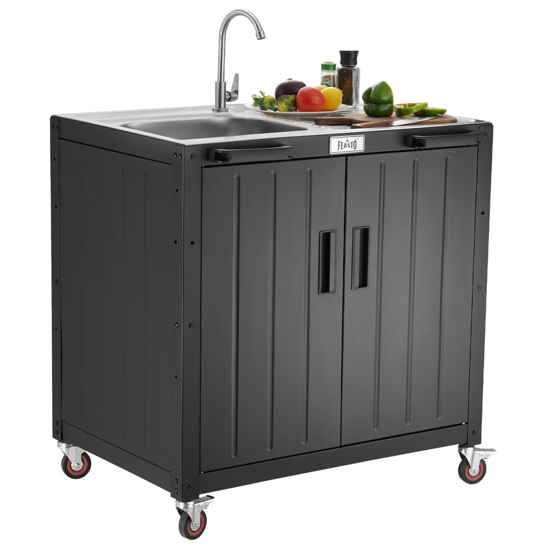 Freestanding Black and Stainless Steel Outdoor Sink Station with Cabinet