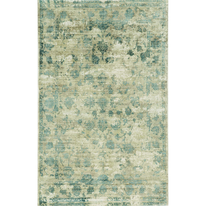 Blue Floral Vines Hand Loomed Distressed Area Rug, Rectangle 5' x 7'