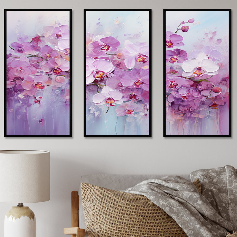 Pensées mauves Blooming Field - ensemble d'art mural sur toile Flower Field, Cadre flottant noir, H 40 po x l 60 po x P 1 po