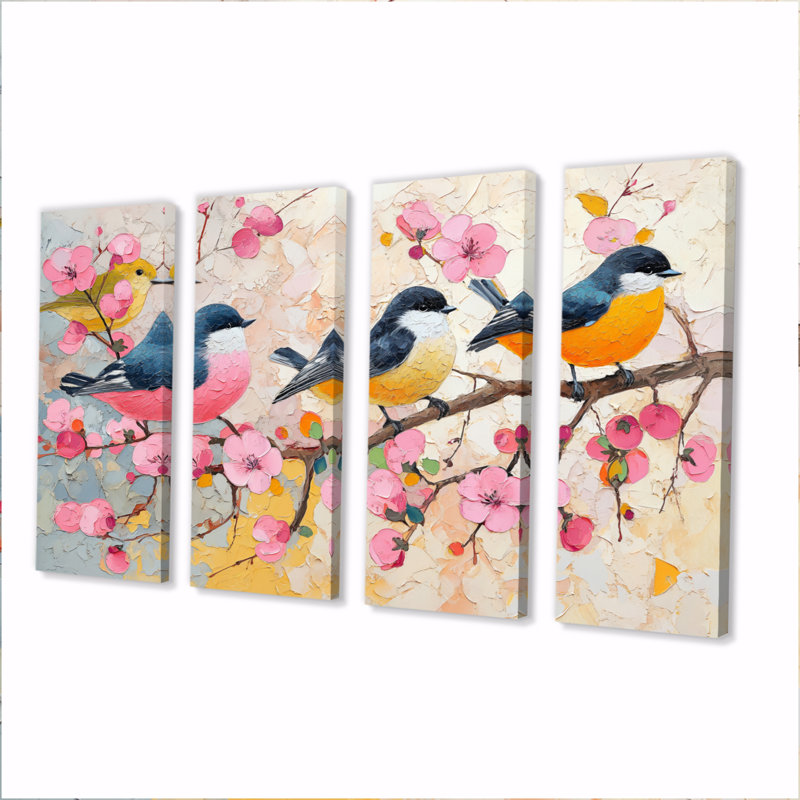 Ensemble de décoration murale rose avec oiseaux noirs et branches Relaxation I, H 32 po x l 64 po
