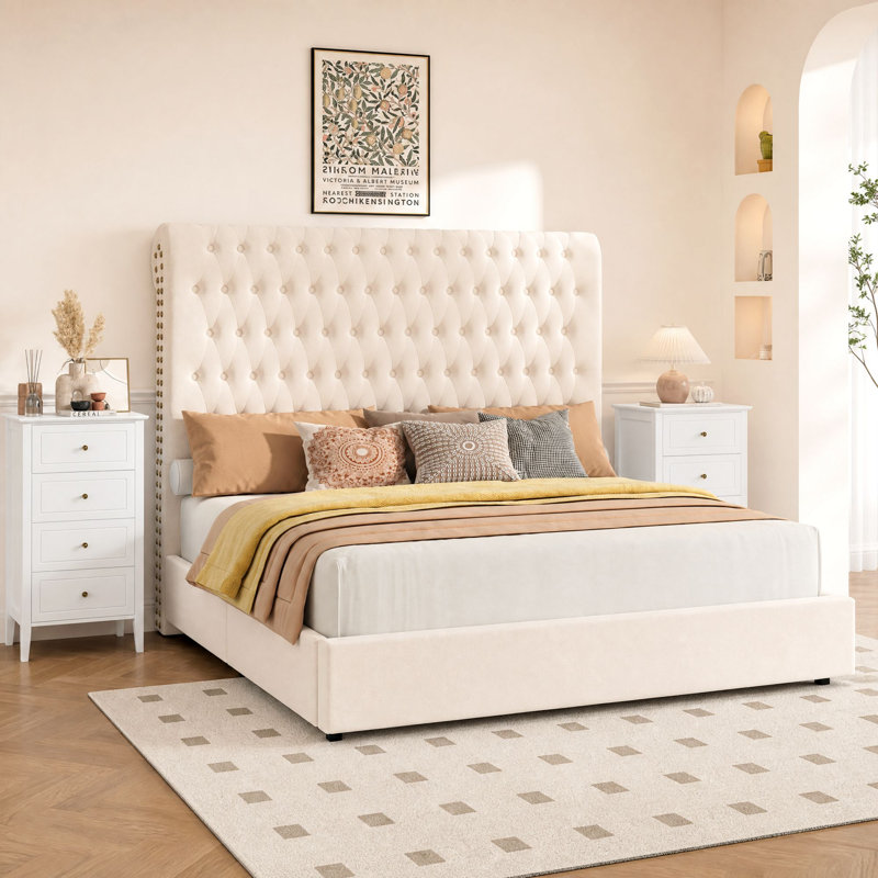Ensemble de chambre à coucher 3 pièces, lit de rangement avec tête de lit en flanelle capitonnée, 2 tables de chevet avec 4 tiroirs