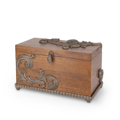 Birch Wood Hinged-Lid Box with Metal Acanthus Leaf-Accent and Base.