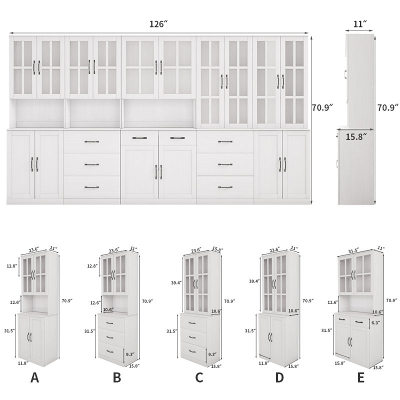 71" H X 126" W Bookcase Cabinet With Glass Doors And Large Storage Drawers(2C+2D+E), White