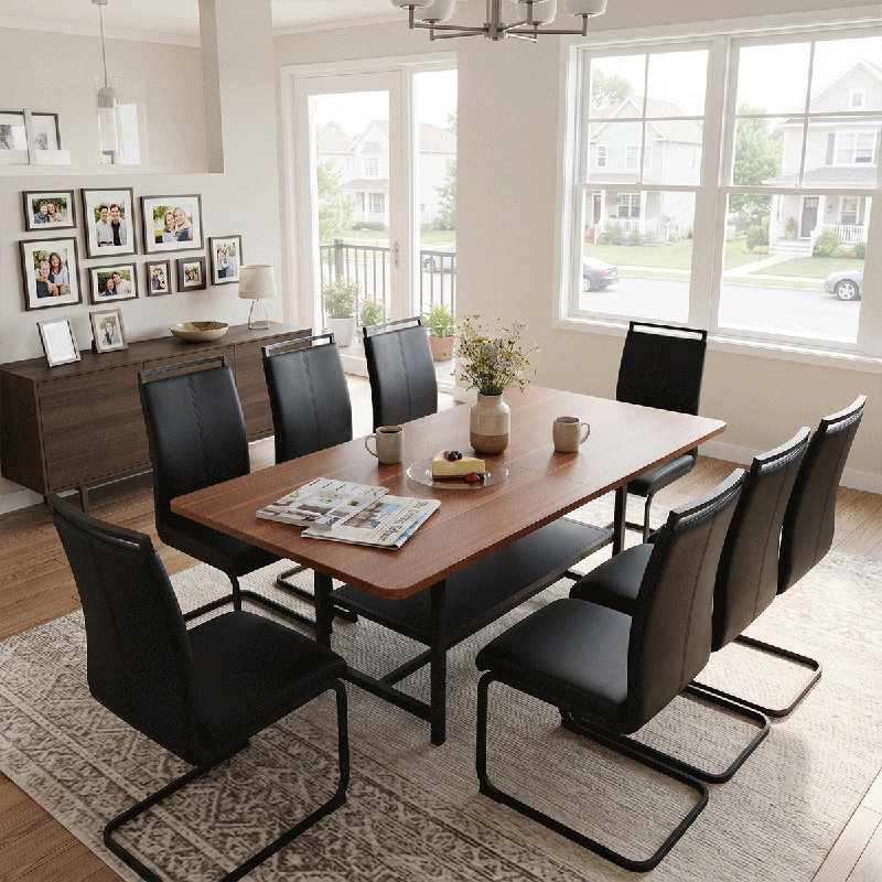Ensemble de table de salle à manger rectangulaire pour 8 personnes, ensemble de table de salle à manger 71 po avec 8 chaises rembourrées et tablette de rangement, plateau de table en bois avec structure en métal noir