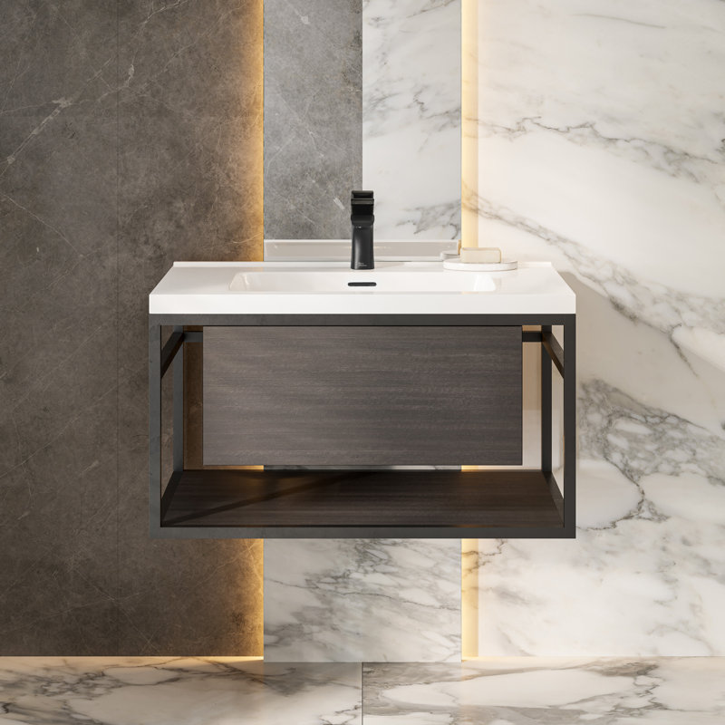 Claire 30" Black Ceramic Wall-Hung Vanity with Open Shelf