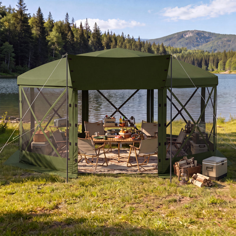 Tente escamotable avec moustiquaire, pavillon de jardin à 6 côtés instantanés, 6 panneaux d'intimité amovibles, Vert