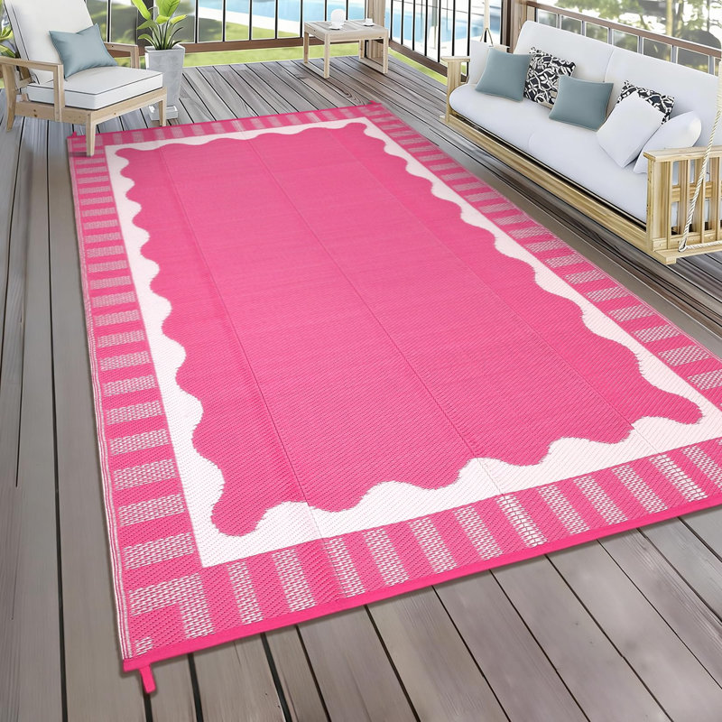 9x12ft Reversible Outdoor Rug - Waterproof Scalloped Border Plastic Straw Mat with Bag & Stakes for Patio, RV and Picnic