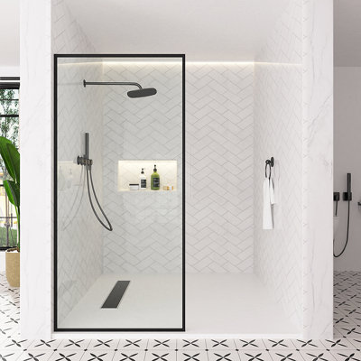 Nyssa 34 In. W X 72 In. H Framed Fixed Shower Screen Door In Matte Black With 5/16 In. (8Mm) Clear Glass