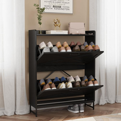 Rangement à chaussures pour 16 paires avec 2 tiroirs rabattables et tablettes réglables Cabinet Armoire à chaussures multifonctionnelle pour entrée