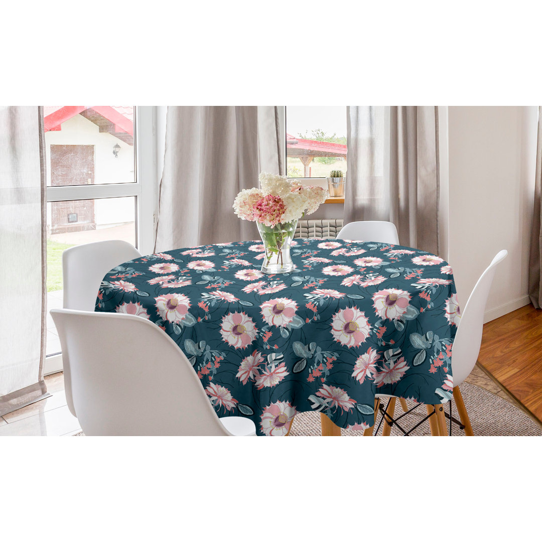 Runde Tischdecke, Klassische Frühlingsblütenkunst, Blumen, Petrolblau Rosa Weiß