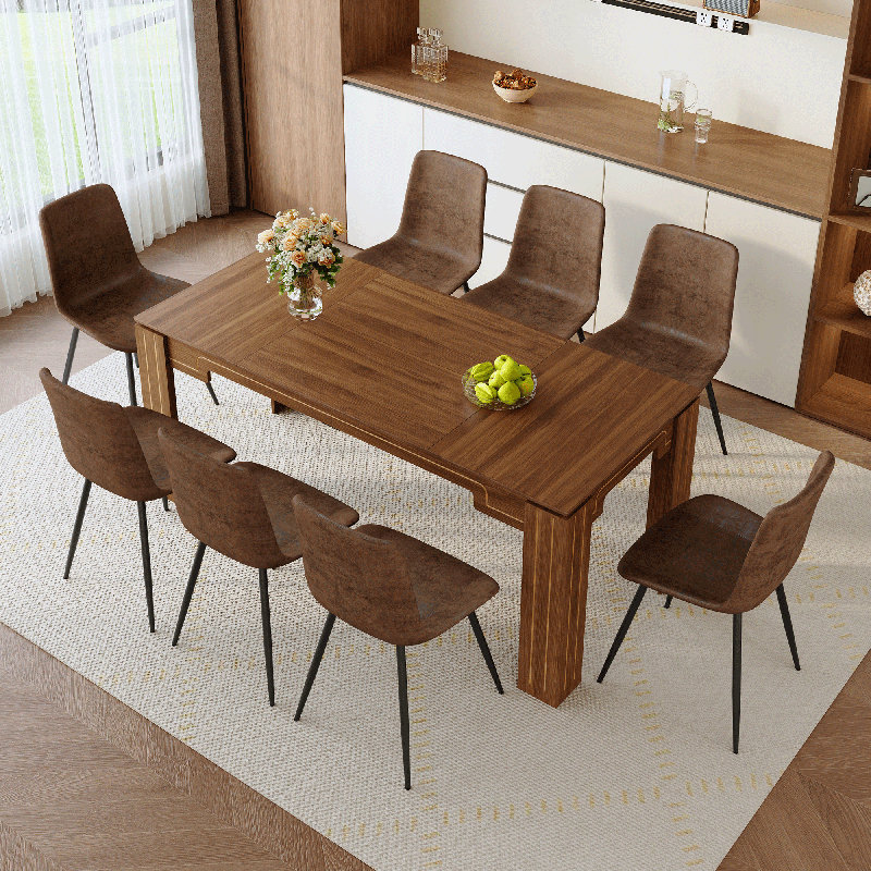 71" Wood Finish Dining Table Set For 6/8, Modern Rectangular Kitchen & Dining Room Set With PU Leather Chairs, Brown/Black