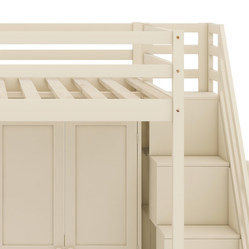 Multifunctional Loft Bed Featuring Built-In Stair Storage, Vanity Desk, Wardrobe, USB Ports & LED Lights, Beige