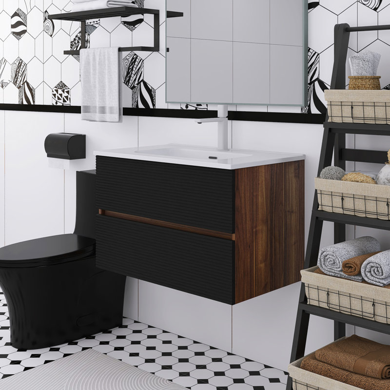 30" Soft Black & Walnut Wall Mounted Bathroom Vanity With Ceramic Sink