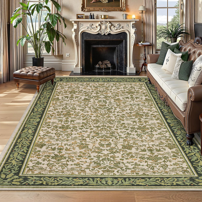 Tapis lavable à motif floral rétro pour le salon, Rose, Rectangulaire 8 pi x 10 pi