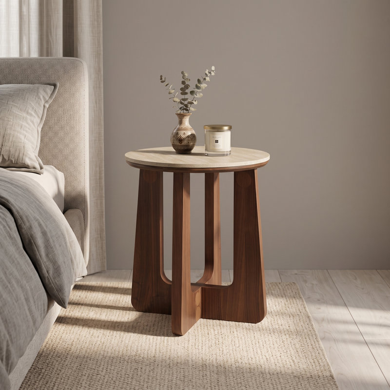 Ensemble de 2 tables de bout rondes en pierre frittée 19,69 "avec base en bois massif, table d'appoint Mid-Century pour le salon