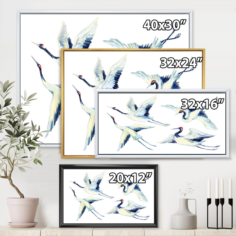 Asian Crane Bird Impression - peinture sur toile, Encadrement doré, H 16 po x l 32 po x p 1 po