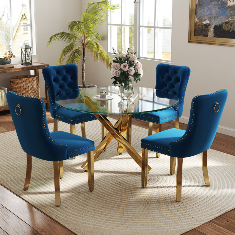 Ensemble de table de salle à manger 5 pièces, Bleu/doré, H 29,5 po x L 39 po x l 39 po, Or