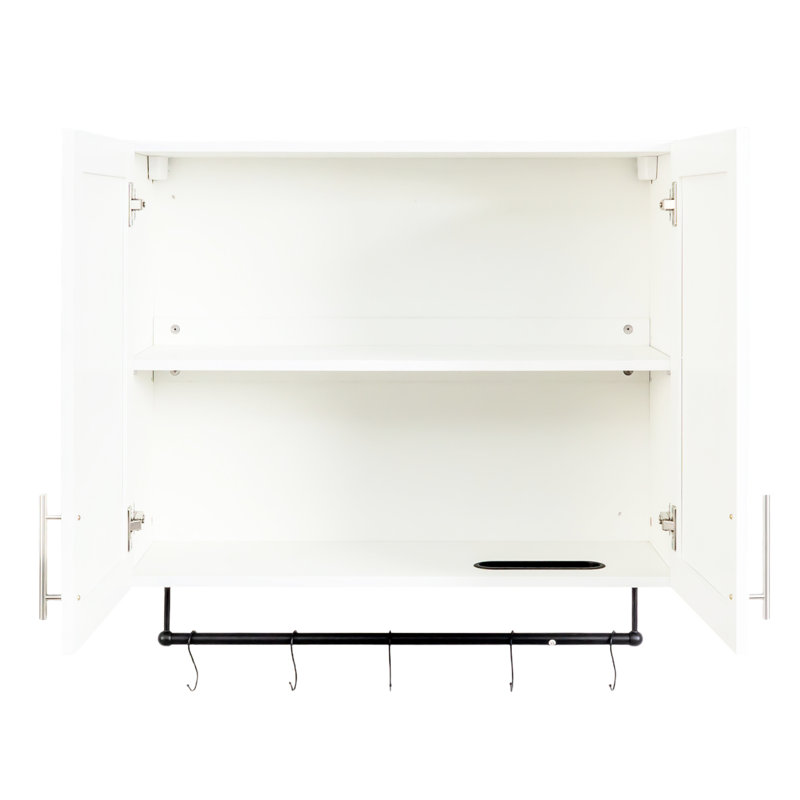 Bathroom Wall Cabinet, Adjustable Shelf, Towel Bar, 5 Hooks, Over Toilet, White, Particle Board, White Toilet Cabinet - Rack, 15mm Board 3mm , 32.01*11.63*30.57in