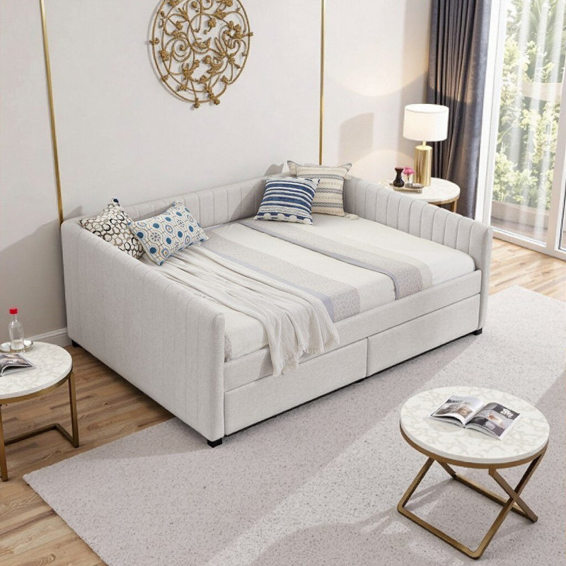 Queen Size Daybed Sofa Sleeper with Trundle & Storage Drawers - Beige Linen Upholstered Convertible Bed (86.5" x 65" x 30")