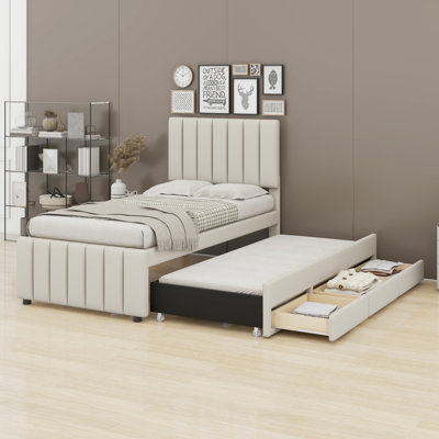 Lit simple avec lit gigogne escamotable et 3 tiroirs de rangement en dessous, lit plateforme simple tapissier en lin