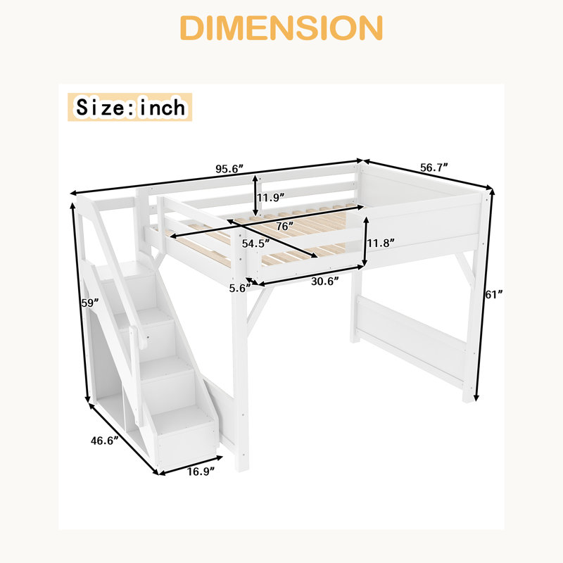 Lit mezzanine avec garde-robe intégré et espace de rangement, Lit double, Blanc