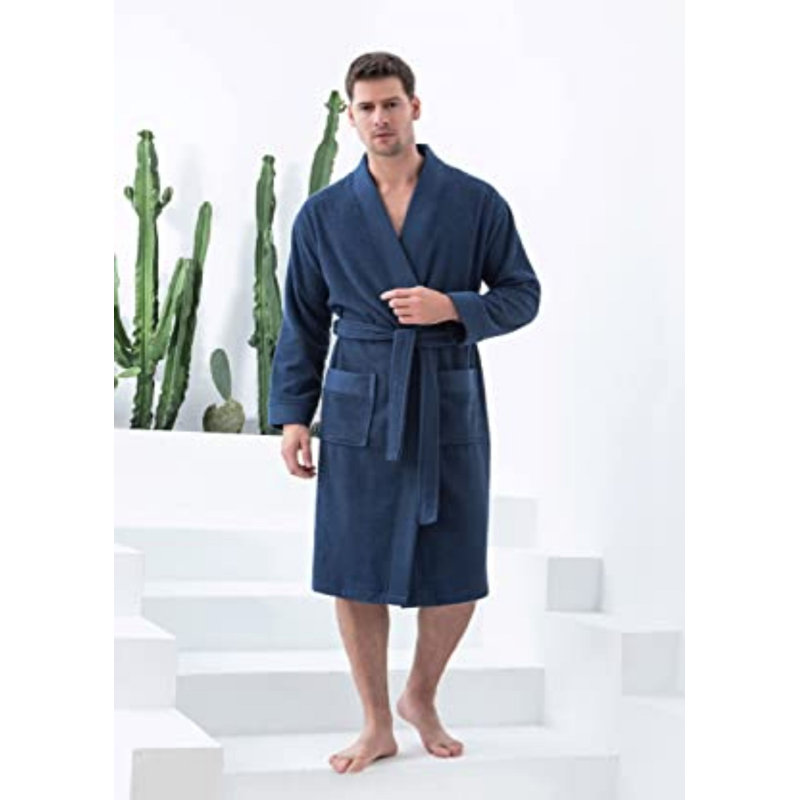 Peignoir turc en coton pour hommes, peignoir kimono en ratine, long texturé, garniture en tissage de riz - kimono, S, Marine