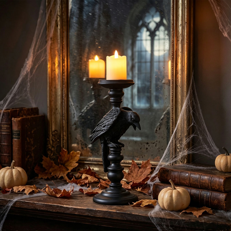 Décoration d'Halloween en résine - Bougeoir en forme de corbeau sur fond sombre pour la décoration de table