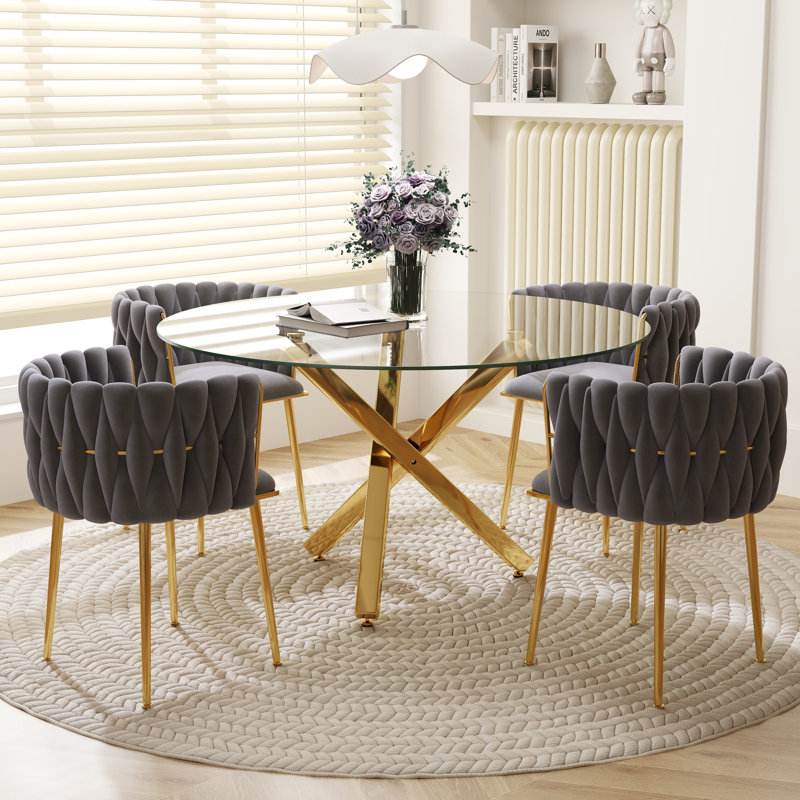 Ensemble de salle à manger Ayron, table de salle à manger avec pieds croisés et chaise de salle à manger en velours, Gris