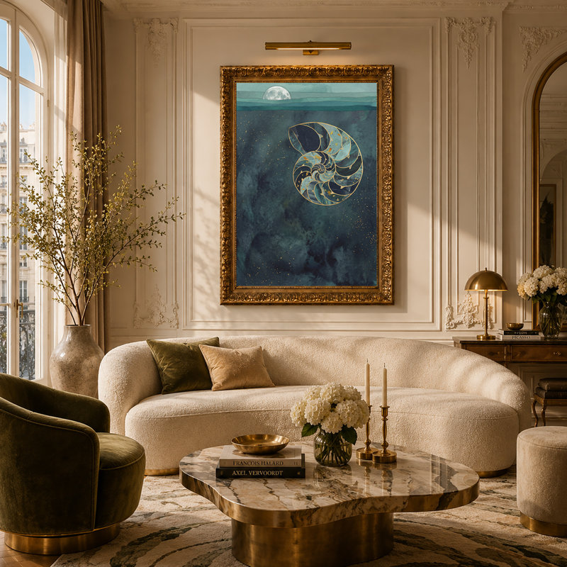 Toile dorée sur fond bleu marine, H 30 po x l 20 po
