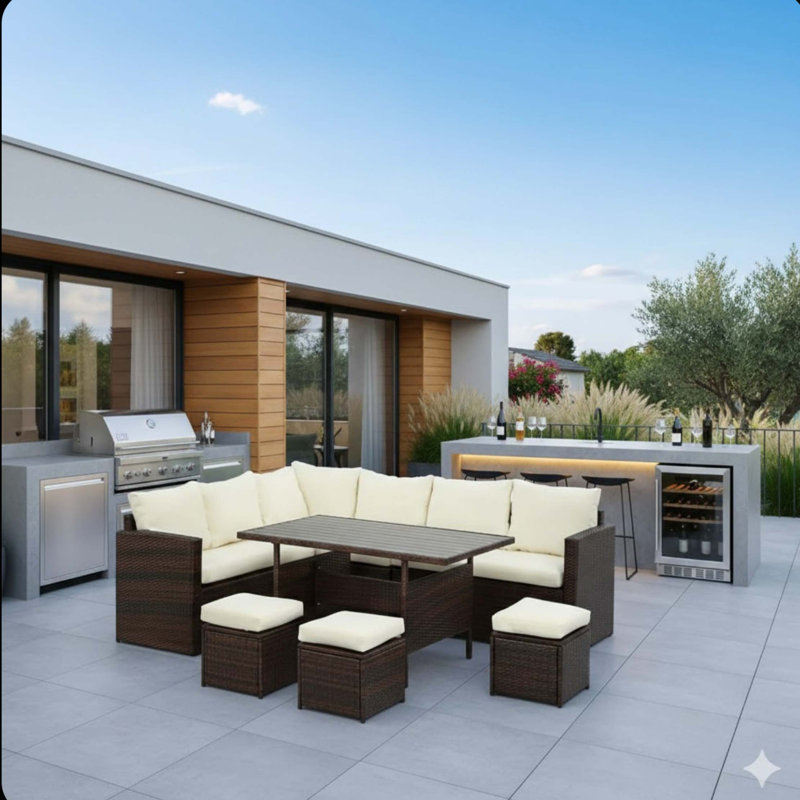Ensemble repas d'extérieur modulaire en osier 9 places toutes saisons, Beige
