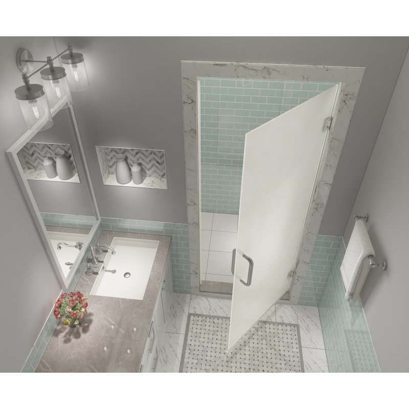 Kinkade XL 29.25" - 29.75" W x 80" H Hinged Frameless Shower Door with Ultra-Bright Frosted Glass, Stainless Steel