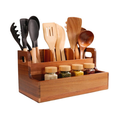 Large Acacia Wood Utensil Holder for Countertop – 4 Compartments, Storage for Cooking, Baking, Flatware & Kitchen Tools